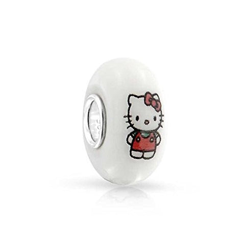 Hello Kitty on White Glass Charm European Bead Compatible for Most European Snake Chain Bracelet - Sexy Sparkles Fashion Jewelry - 2