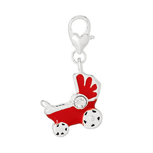 Enamel Red Baby Carriage w/  Crystal Clip On Charm for European Charm Jewelry w/ Lobster Clasp - Sexy Sparkles Fashion Jewelry - 1