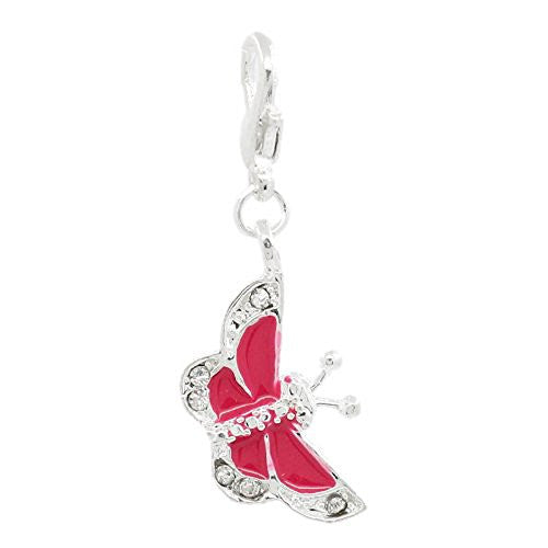 Butterfly Charm W/clear  Crystals Clip on Charm Pendant w/ Lobster Clasp - Sexy Sparkles Fashion Jewelry - 1