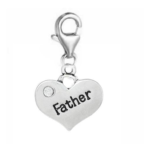 Heart Dangle 2 Sided Clear Rhinestones Pendant w/ Clear Crystal Dangle Charm Pendant w/ Lobster Clasp (Father)