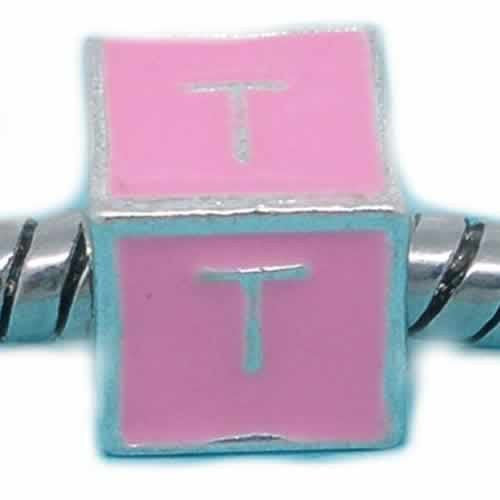 "T" Letter Square Charm Beads Pink Enamel European Bead Compatible for Most European Snake Chain Charm Bracelet