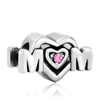 Mothers Day Gift Mom Heart with Pink Rhinestone Crystal Charm European Bead Compatible for Most European Snake Chain Bracelet - Sexy Sparkles Fashion Jewelry - 2