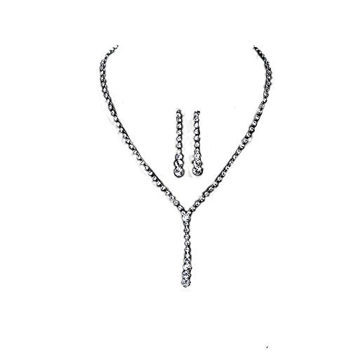 Fashion Jewelry Necklace Earring Ear Stud Set Teardrop Silver Plated w/ Stoppers Clear Rhinestone