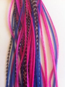 Five Genuine 7-11 Beautiful Long Thin Royal Blue & Hot Pink with Grizzly Feathers for Hair Extension!