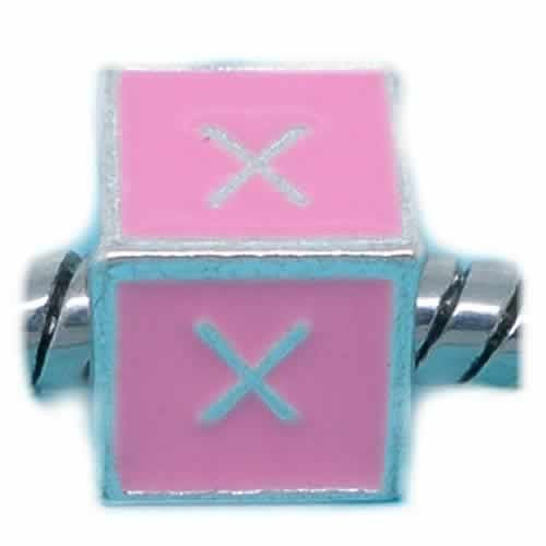"X" Letter Square Charm Beads Pink Enamel European Bead Compatible for Most European Snake Chain Charm Braceletss