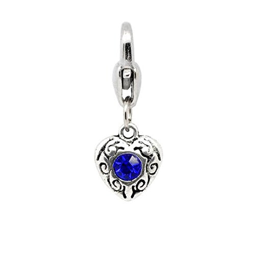 Heart Antique Silver September Rhinestone Clip On Charms. Fits Thomas Sabo 26x10mm,