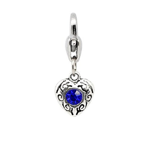 Heart Antique Silver September Rhinestone Clip On Charms. Fits Thomas Sabo 26x10mm, - Sexy Sparkles Fashion Jewelry - 1