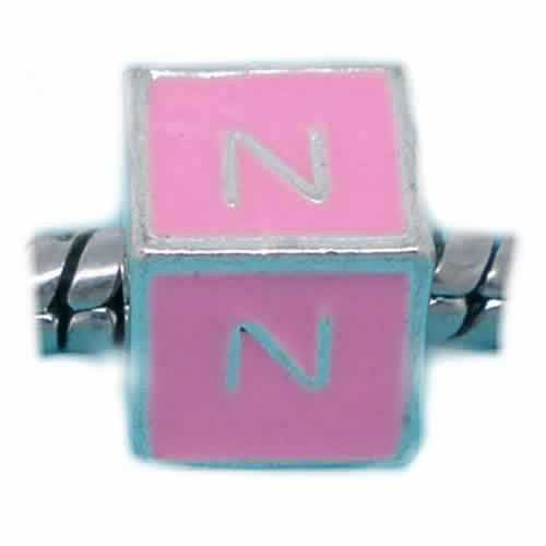 "N" Letter  Square Charm Beads Pink Enamel European Bead Compatible for Most European Snake Chain Charm Bracelets