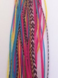 Feather Hair Extension 8-12 Yellow, Pink,aquamarine & Grizley Feathers Hair Extension Made up of 5 Quality Salon Feathers - Sexy Sparkles Fashion Jewelry - 2