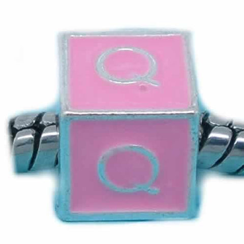"Q" Letter Square Charm Beads Pink Enamel European Bead Compatible for Most European Snake Chain Charm Braceletss - Sexy Sparkles Fashion Jewelry - 1