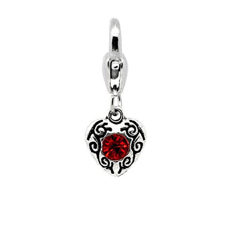 July Red Birthstone Antique Silver Rhinestone Heart Clip On Charms. Fits Thomas Sabo 26x10mm - Sexy Sparkles Fashion Jewelry - 1