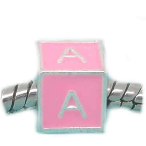 "A" Letter Square Charm Beads Pink Enamel European Bead Compatible for Most European Snake Chain Charm Bracelet - Sexy Sparkles Fashion Jewelry - 1