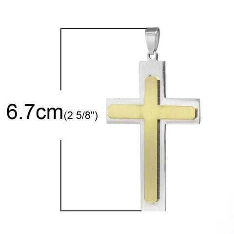 Stainless Steel Charm Pendants Cross Silver Tone & Golden Cross Pattern 6.7cm x 3.6cm - Sexy Sparkles Fashion Jewelry - 2