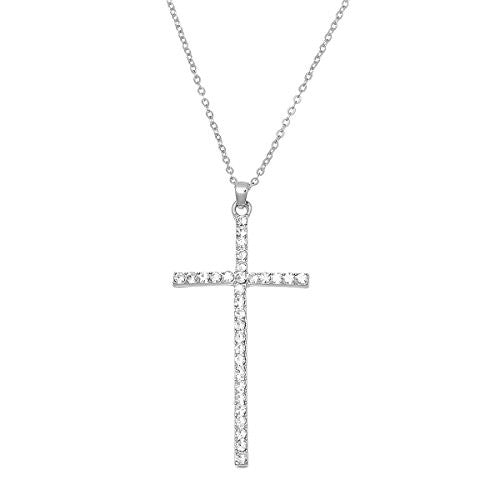 Fashion Jewelry Women Necklace Silver Tone Cross Clear Rhinestone 43.5cm(17 1/8) Long,