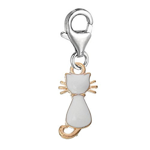 Clip on Rose Gold Toned Cat Charm Dangle Pendant for European Clip on Charm Jewelry w/ Lobster Clasp