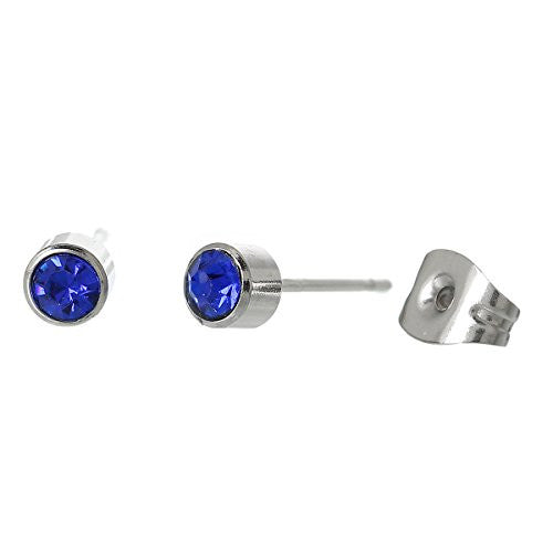 September Blue Birthstone Stainless Steel Post Stud Earrings with  Rhinestone