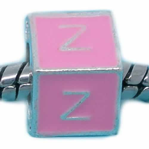 "Z" Letter Square Charm Beads Pink Enamel European Bead Compatible for Most European Snake Chain Charm Bracelet