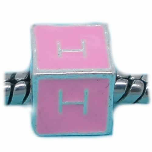 "H" Letter Square Charm Beads Pink Enamel European Bead Compatible for Most European Snake Chain Charm Braceletss
