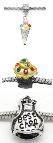 Set of 3 Chef Inspired Charm Beads For Snake Chain Bracelets