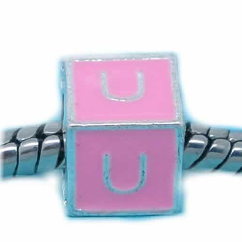 "U" Letter Square Charm Beads Pink Enamel European Bead Compatible for Most European Snake Chain Charm Bracelets