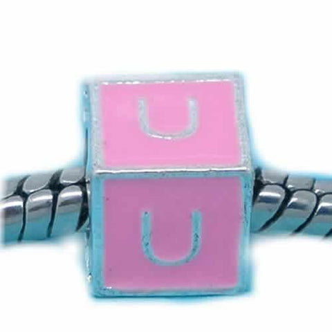 "U" Letter Square Charm Beads Pink Enamel European Bead Compatible for Most European Snake Chain Charm Bracelets - Sexy Sparkles Fashion Jewelry - 1
