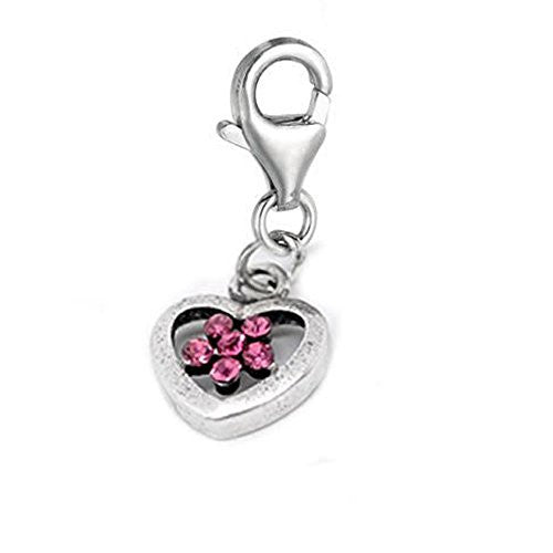 Clip on Rhinestone Flower Heart Charm Pendant for European Jewelry w/ Lobster Clasp