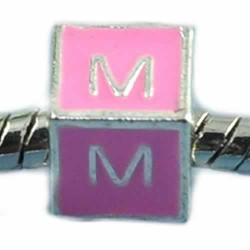 "M" LetterSquare Charm Beads Pink Enamel European Bead Compatible for Most European Snake Chain Charm Braceletss