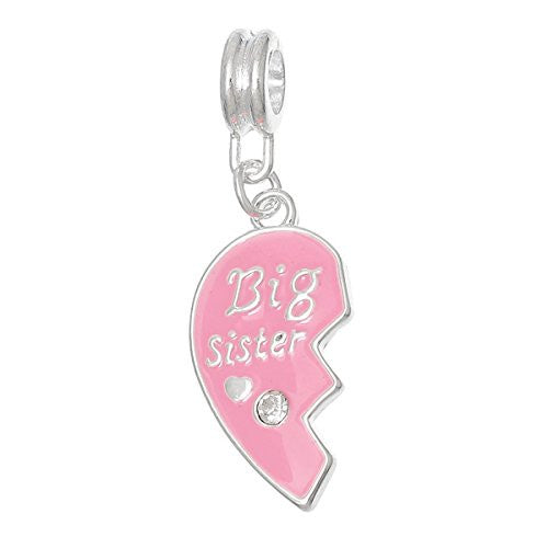 Big Sister Pink Heart with  Crystal Dangle Charm European Bead Compatible for Most European Snake Chain Bracelet - Sexy Sparkles Fashion Jewelry - 1