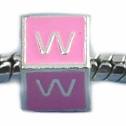"W" Letter Square Charm Beads Pink Enamel European Bead Compatible for Most European Snake Chain Charm Bracelets - Sexy Sparkles Fashion Jewelry - 1