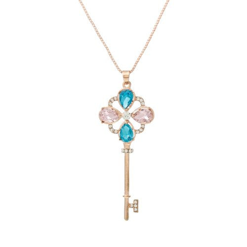 Snake Chain Pendant Necklace Rose Gold Tone Key with  Crystals and Lobster Clasp Extender