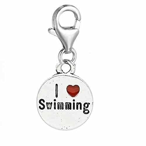Clip on I Love Swimming Charm Dangle Pendant for European Clip on Charm Jewelry with Lobster Clasp