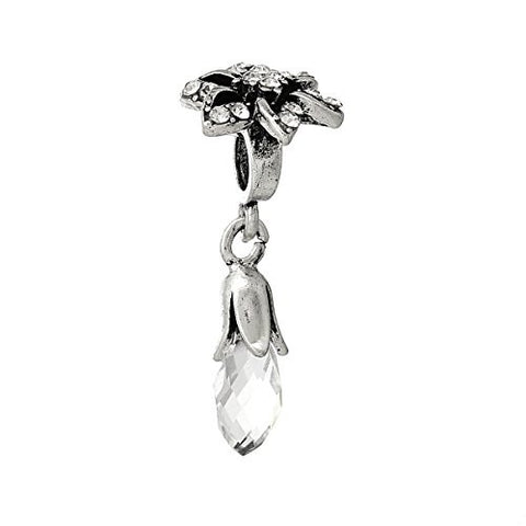 Clear Flower w/ Teardrop  Crystal Bead Compatible for Most European Snake Chain Bracelet - Sexy Sparkles Fashion Jewelry - 1