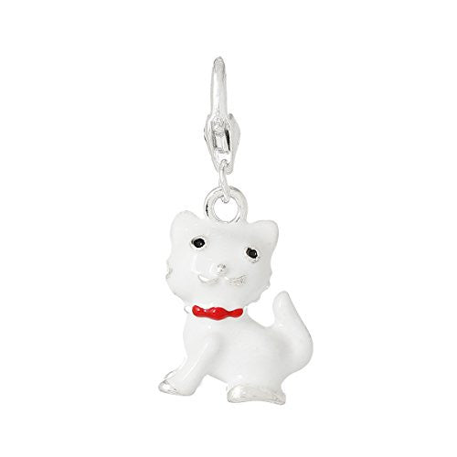 Lovely Enamel White Cat Clip On Charm Pendant for European Charm Jewelry w/ Lobster Clasp - Sexy Sparkles Fashion Jewelry - 1