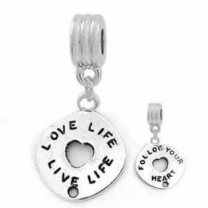 Love Live Life on Front, Follow Your Heart on Back European Bead Compatible for Most European Snake Chain Bracelet - Sexy Sparkles Fashion Jewelry - 2