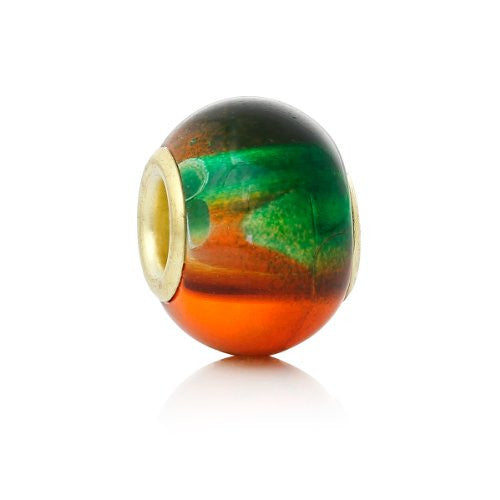5 Glass European Charm Beads Round Green & orange multi