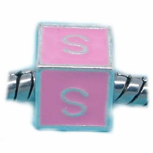 "S" Letter Square Charm Beads Pink Enamel European Bead Compatible for Most European Snake Chain Charm Bracelets
