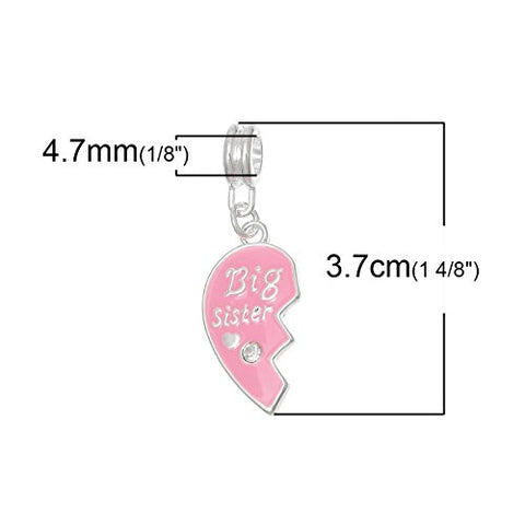 Big Sister Pink Heart with  Crystal Dangle Charm European Bead Compatible for Most European Snake Chain Bracelet - Sexy Sparkles Fashion Jewelry - 3