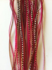 6 Feathers 4 -7 Natural Mix with Pink and Grizzly for Hair Extension
