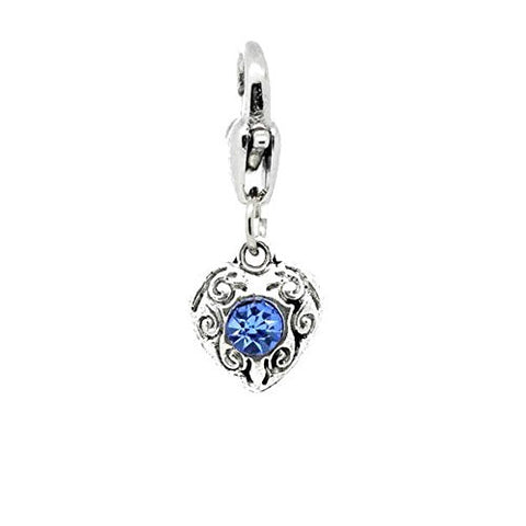 Antique Silver March Rhinestone Heart Clip On Charms. Fits Thomas Sabo 26x10mm. - Sexy Sparkles Fashion Jewelry - 1