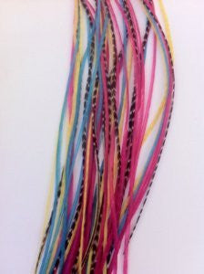 5 Feather Hair Extension 6-10 Mix Yellow, Pink, Aquamarine & Grizzly for Hair Extension