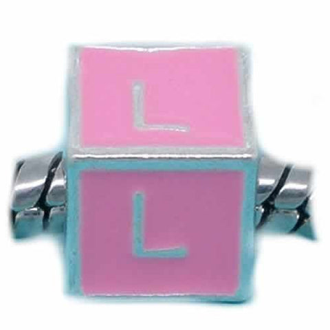 "L" Letter Square Charm Beads Pink Enamel European Bead Compatible for Most European Snake Chain Charm Bracelets - Sexy Sparkles Fashion Jewelry - 1
