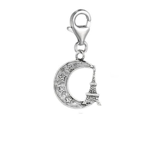 Clip on Moon & Eiffel Tower Charmdangle Pendant for European Clip on Charm Jewelry w/ Lobster Clasp