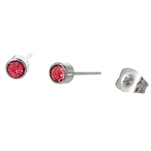 October Pink Birthstone Stainless Steel Post Stud Earrings with  Rhinestone