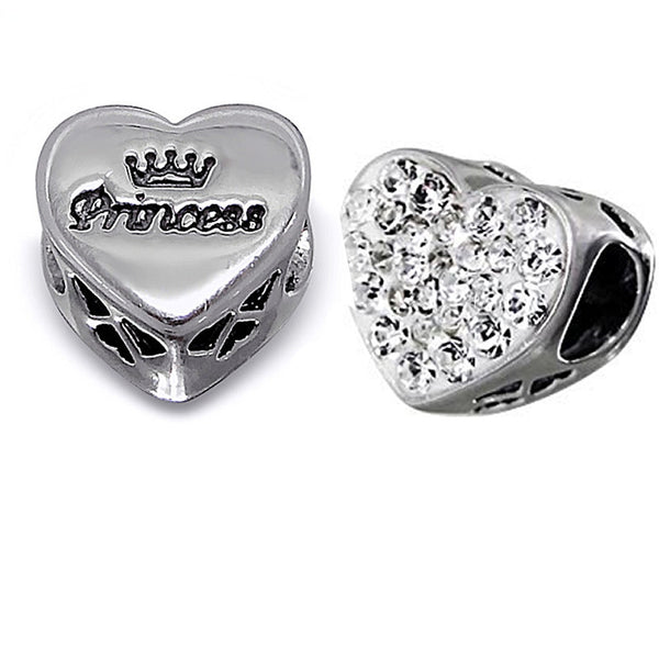 .925 Sterling Silver "Heart  w/ Rhinestone Clears Princess"  Charm Spacer Bead for Snake Chain Charm Bracelet