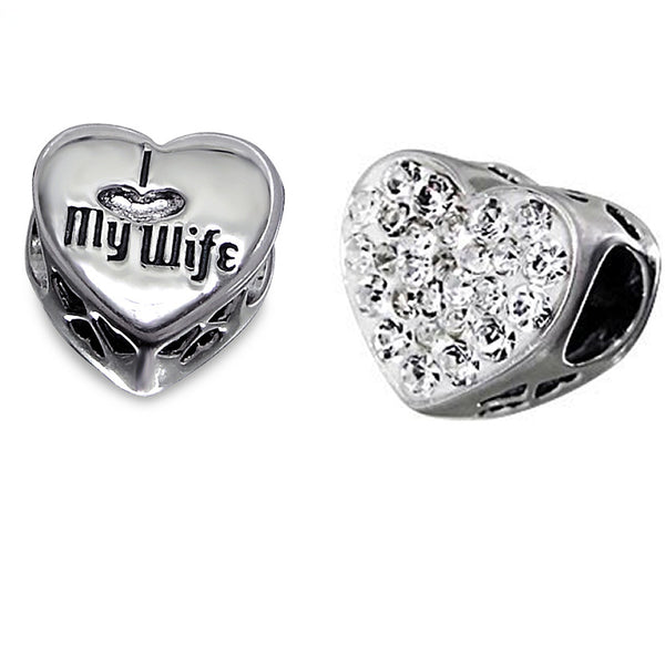 .925 Sterling Silver "Heart Love My Wife"  Charm Spacer Bead for Snake Chain Charm Bracelet