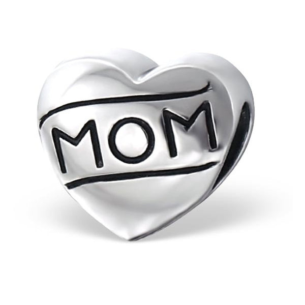 .925 Sterling Silver "Heart Mom"  Charm Spacer Bead for Snake Chain Charm Bracelet