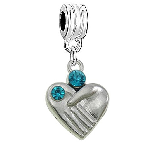 Hand over Hand Heart Shaped With Aqua Rhinestones Charm Bead for European Snake Chain Charm Bracelet