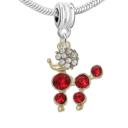 Poodle Dog with Red Crystals Dangle Charm European Bead Compatible for Most European Snake Chain Bracelet - Sexy Sparkles Fashion Jewelry