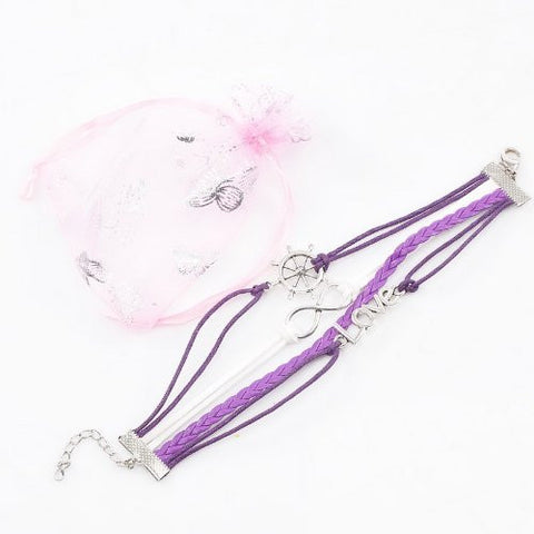 Wax Rope Braiding Bracelet Purple & White Antique Silver Love Ship Helm & Infinity Symbol Findings 20cm(7 7/8")long - Sexy Sparkles Fashion Jewelry - 3