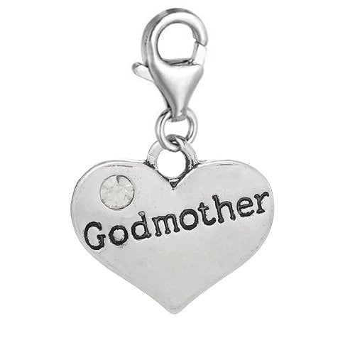 Heart Dangle 2 Sided Clear Rhinestones Pendant w/ Clear Crystal Dangle Charm Pendant w/ Lobster Clasp (Godmother)